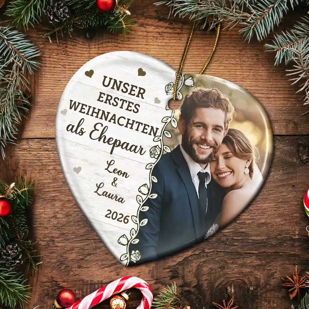 Personalisierter Keramik-Weihnachtsanhänger mit Foto - Erstes Weihnachten als Verlobte