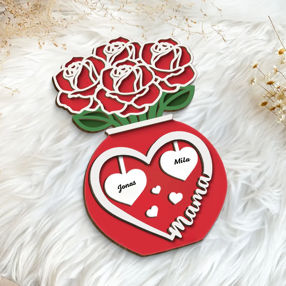 Rosenstrauß in Vase Personalisierte 2-Schicht-Holztafel für Mama und Oma