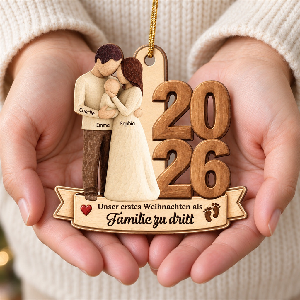 Personalisierter Holz-Weihnachtsanhänger mit Namen und Wunschjahr – Eltern mit Baby