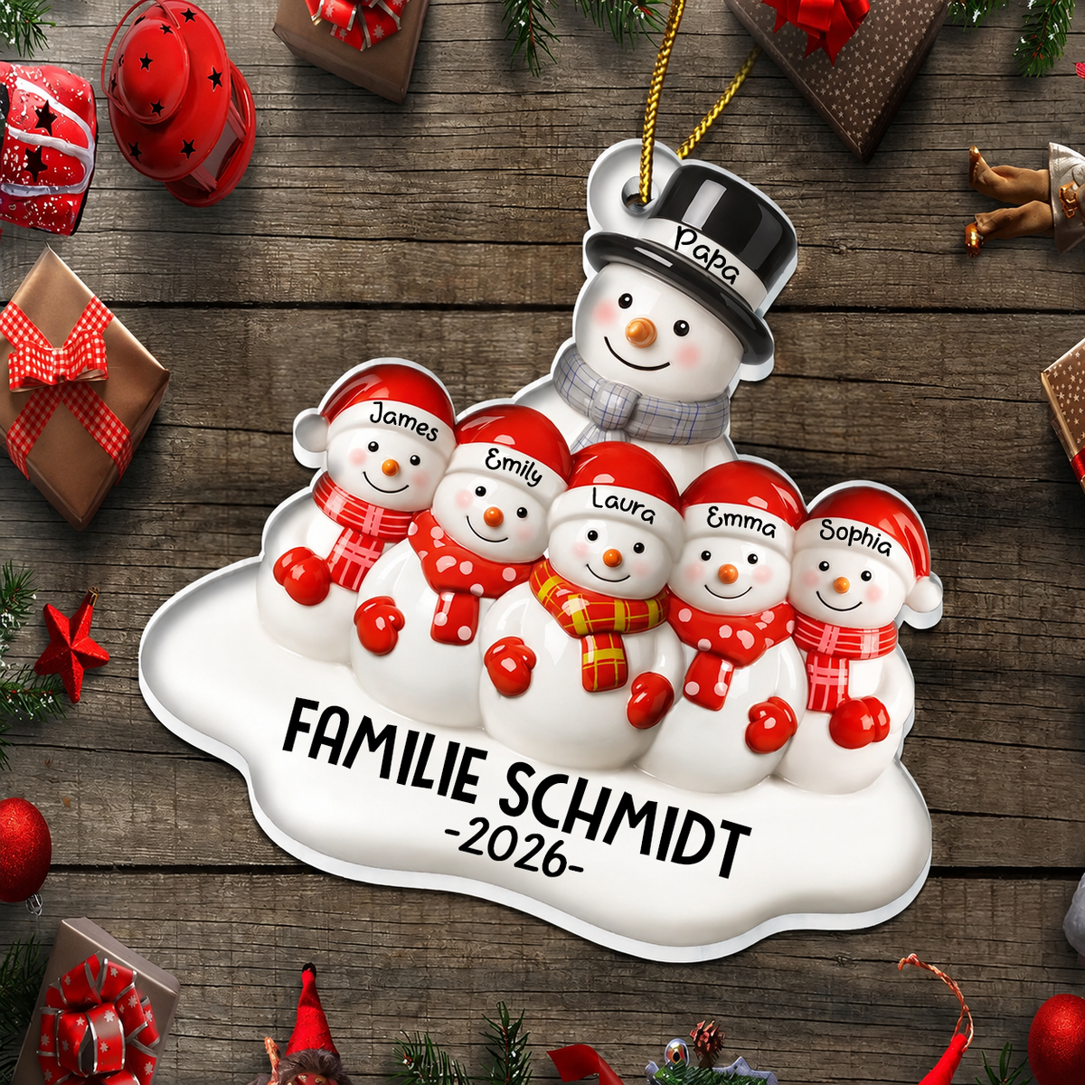 Personalisierter Acryl-Weihnachtsanhänger mit Namen – Schneemannfamilie