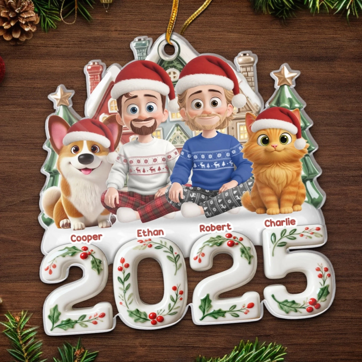 Personalisierter Acrylanhänger 2025 Christbaumschmuck mit Familie, Hund und Katze