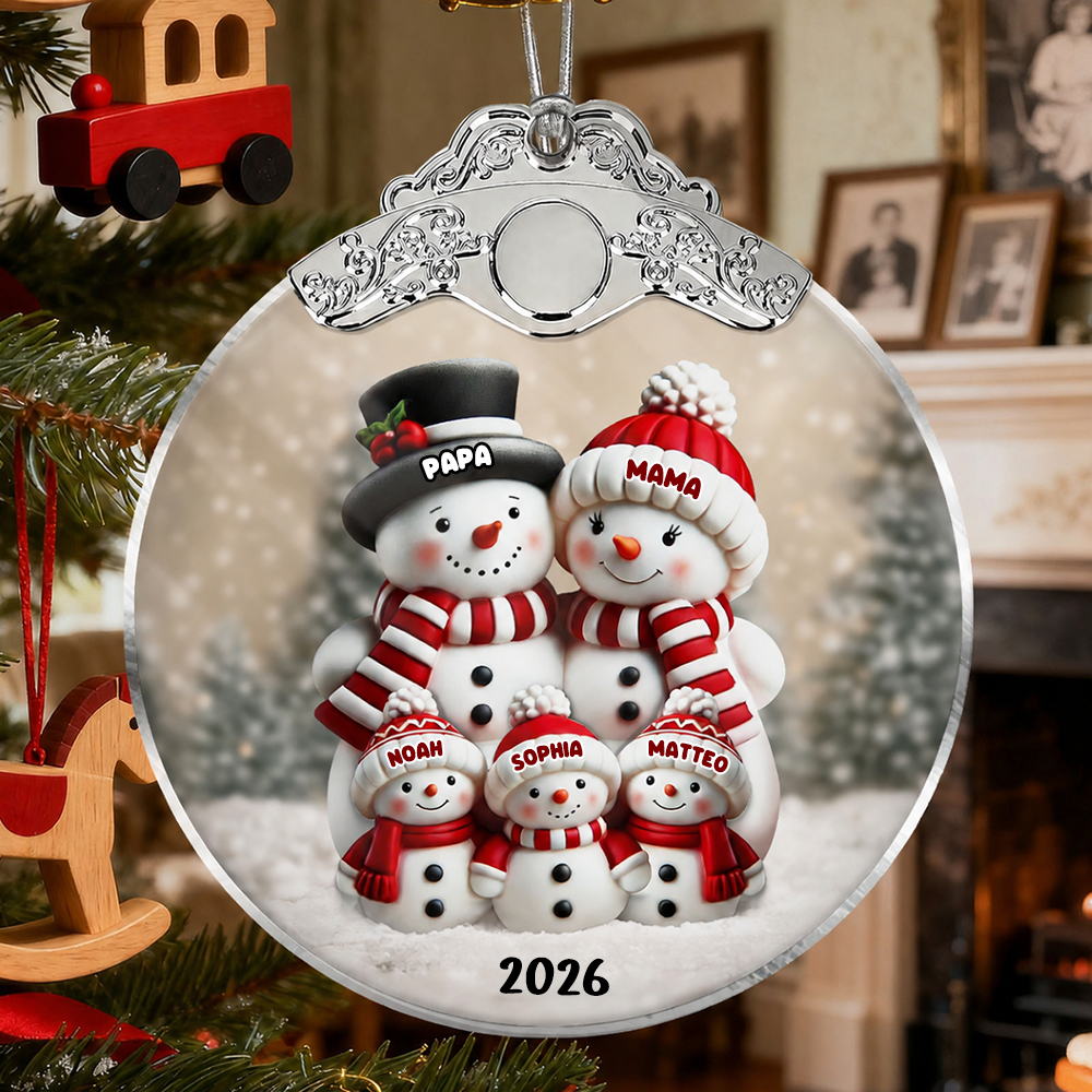 Personalisierter Glas-Weihnachtsanhänger – Schneemannfamilie