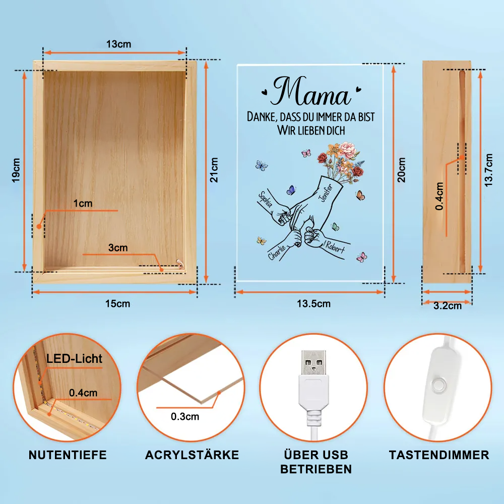 Personalisierte Holzrahmen-Lichtbox mit Hand-in-Hand und Geburtsblumen Geschenk für Mama und Papa