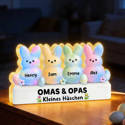 Bunte Osterhasen für Oma & Opa – Personalisierte LED-Lichtbox mit Enkel-Namen | Ostergeschenk für Großeltern