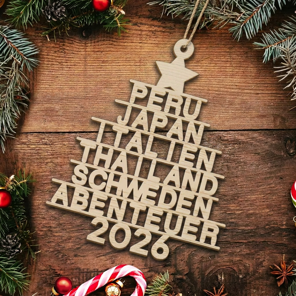 Personalisierter Holz-Weihnachtsanhänger mit individuellen Reisezielen
