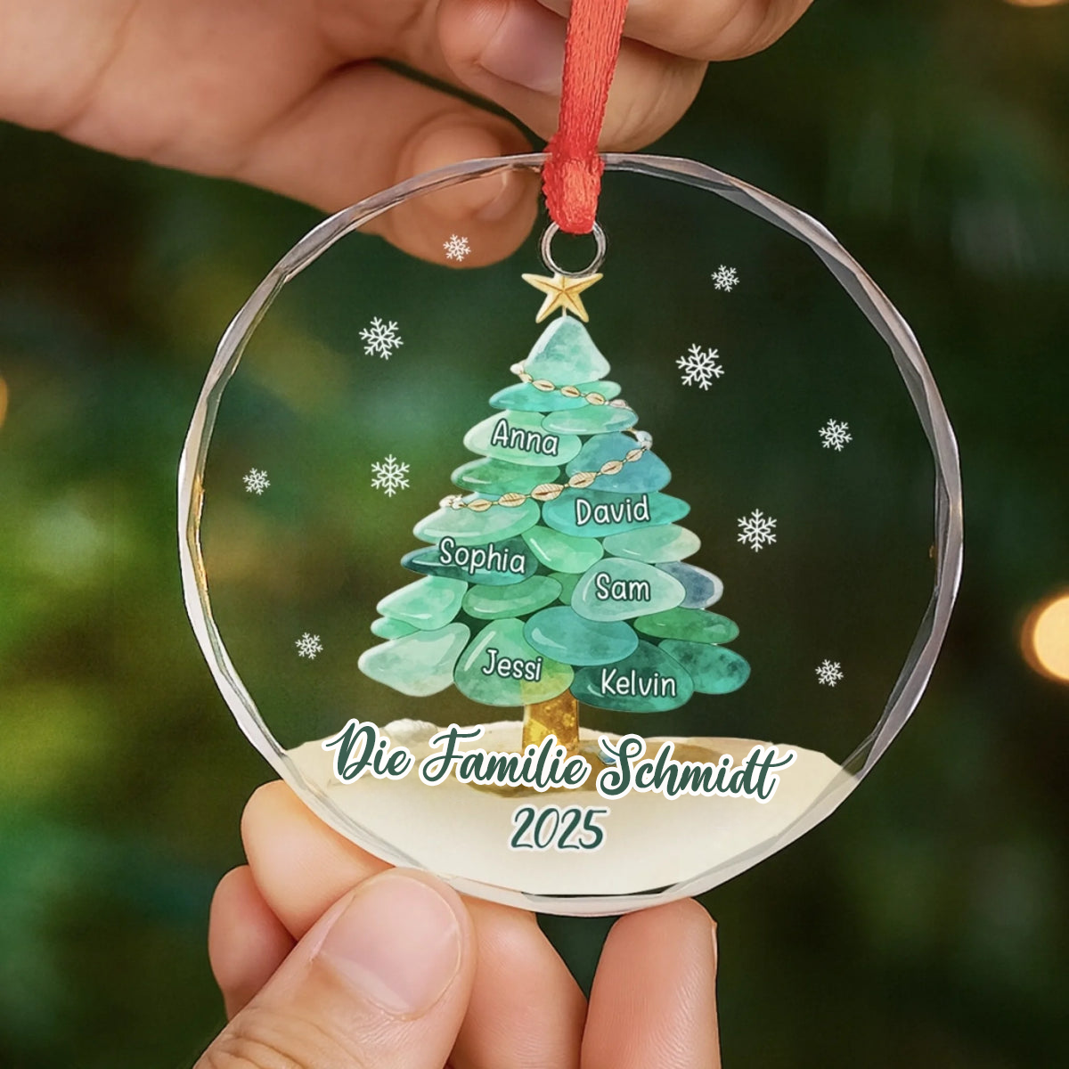 Personalisiertes Glasornament mit Meerglasmotiv Christbaumschmuck mit Tannenbaummotiv