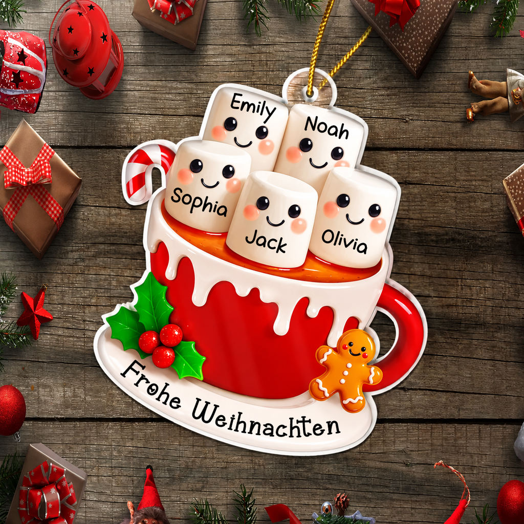 Personalisierter Acryl-Weihnachtsanhänger mit Namen & Text – Marshmallow-Motiv für die Familie