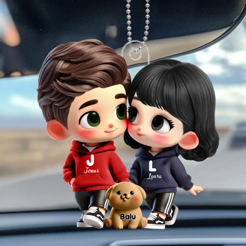 Cartoon-Paar mit Haustieren- Personalisierter Autoanhänger Geschenk für Paar