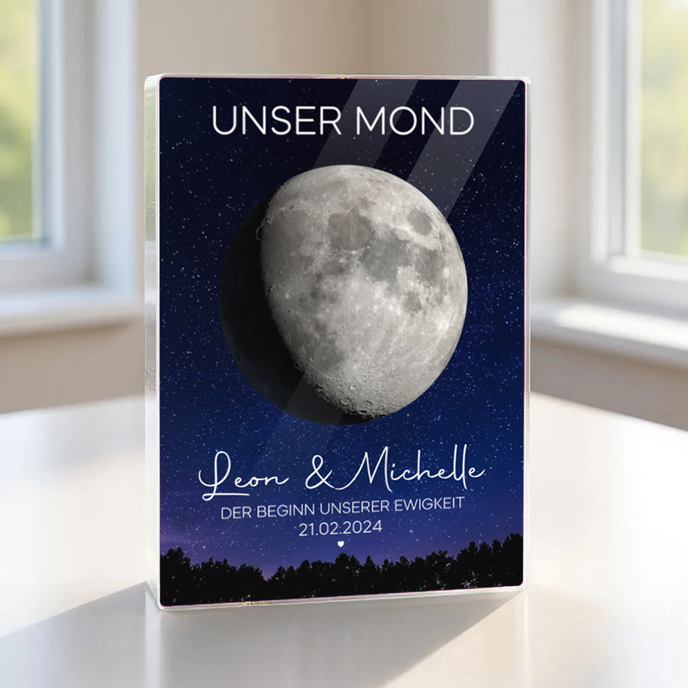Unser Mond für Paar- Personalisiertes Acrylblock mit Mondphase, Namen und Spruch