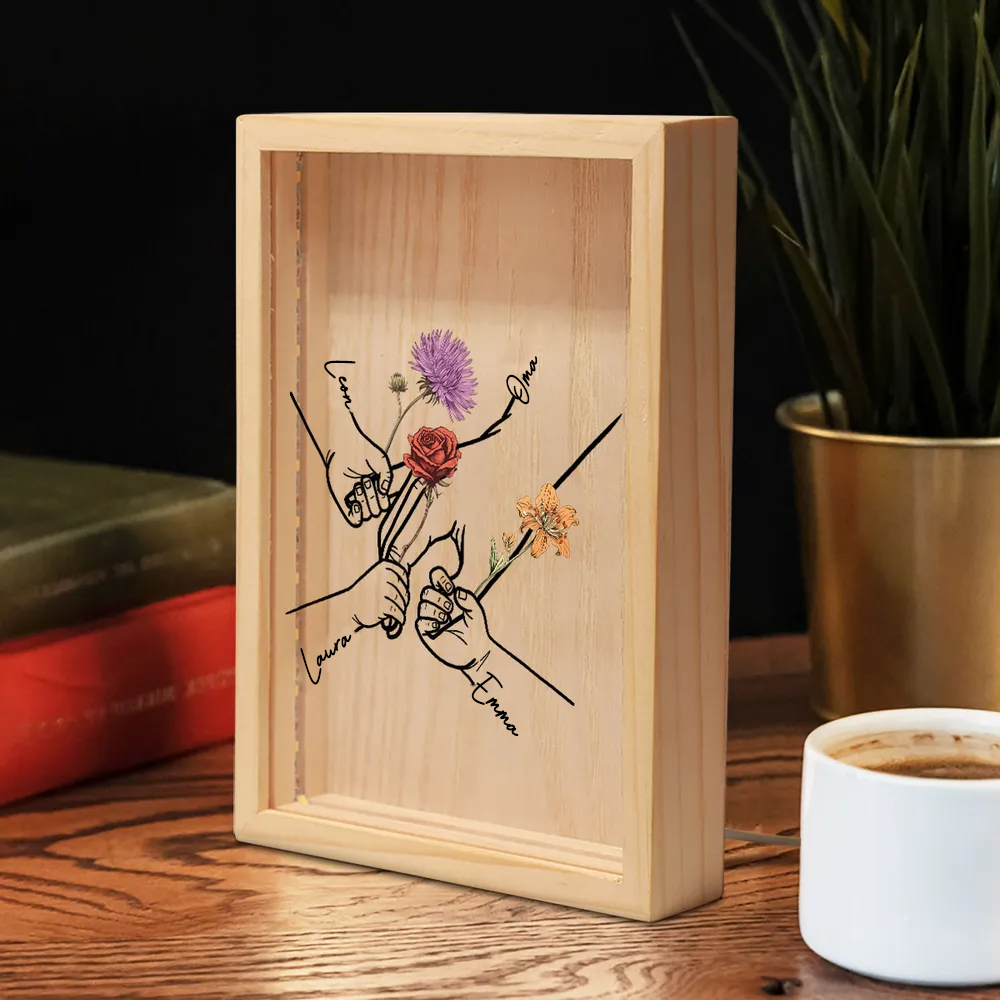 Händchen haltend – Personalisierter Leuchtrahmen mit Geburtsblumen und Namen Geschenk für Mama und Oma