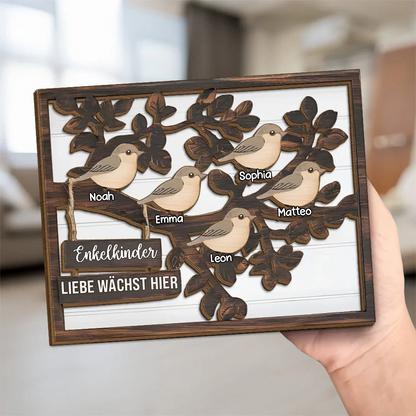 Personalisierte Holzplakette mit Baum und Vögeln Geschenk für Familie