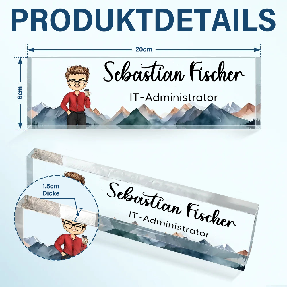 Personalisierter Acrylblock mit Figur, Namensschild für den Schreibtisch Büro-Geschenk für Kolleginnen & Kollegen