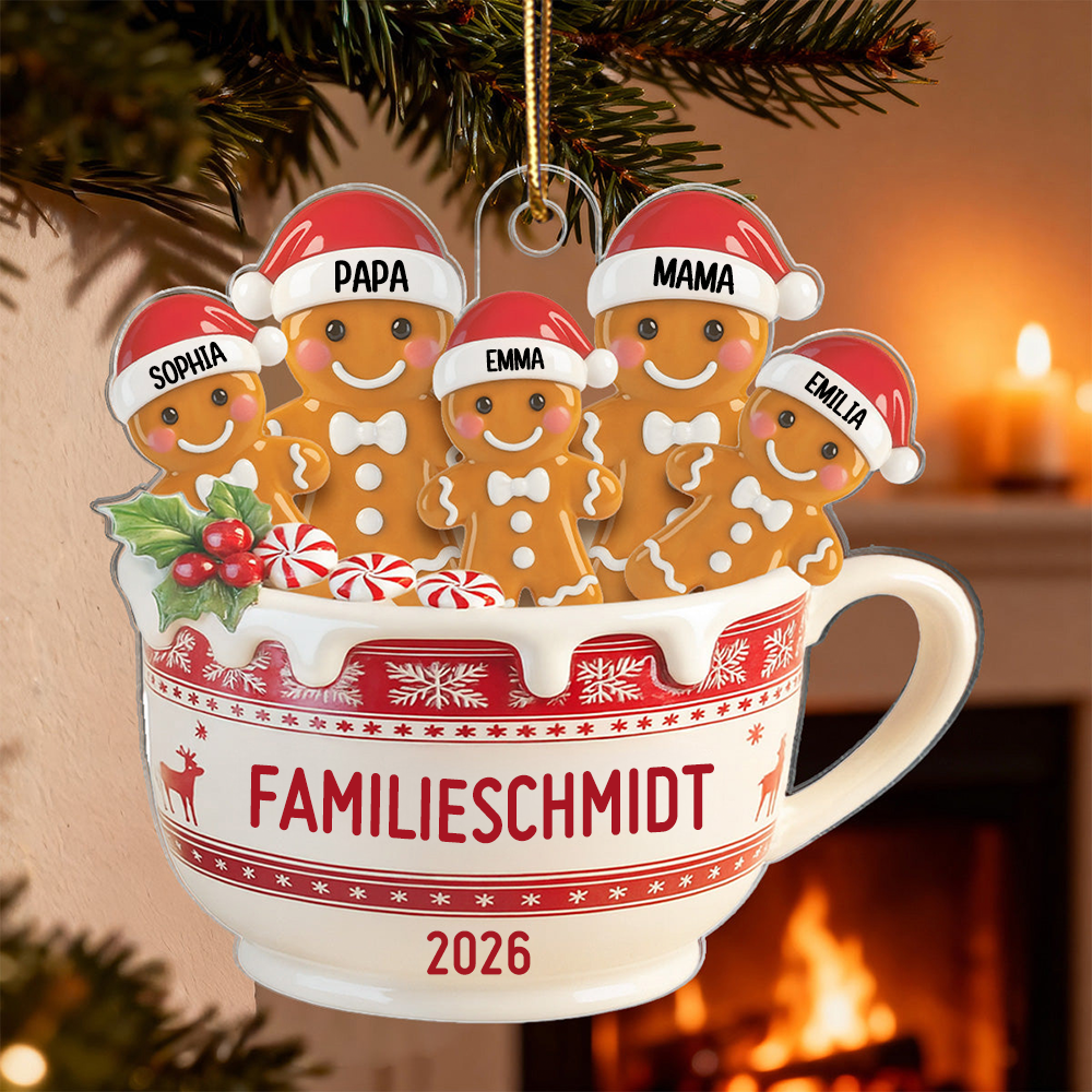 Personalisierter Acryl-Weihnachtsanhänger – Lebkuchenfamilie mit Namen