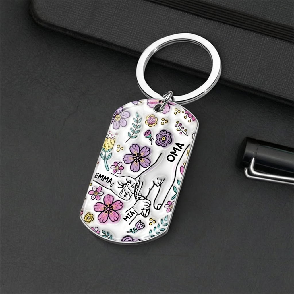 Hand in Hand - Personalisierter Foto-Edelstahl-Schlüsselanhänger mit Expoxidharz Geschenk für Oma und Mama