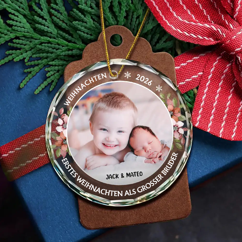 Personalisierter Glas-Weihnachtsanhänger mit Foto – für große Schwester & großen Bruder