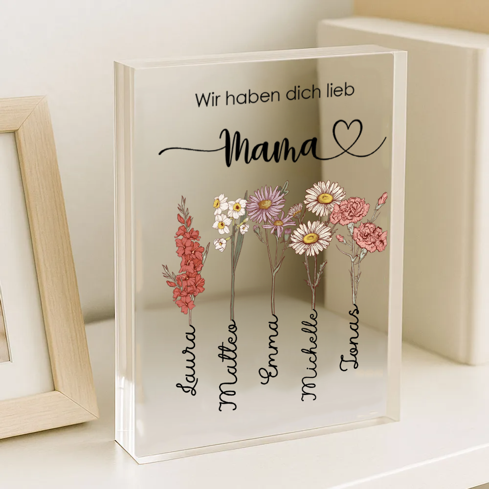 Personalisierter Acrylblock mit Geburtsblumen, Namen und Text Geschenk für Oma und Mama
