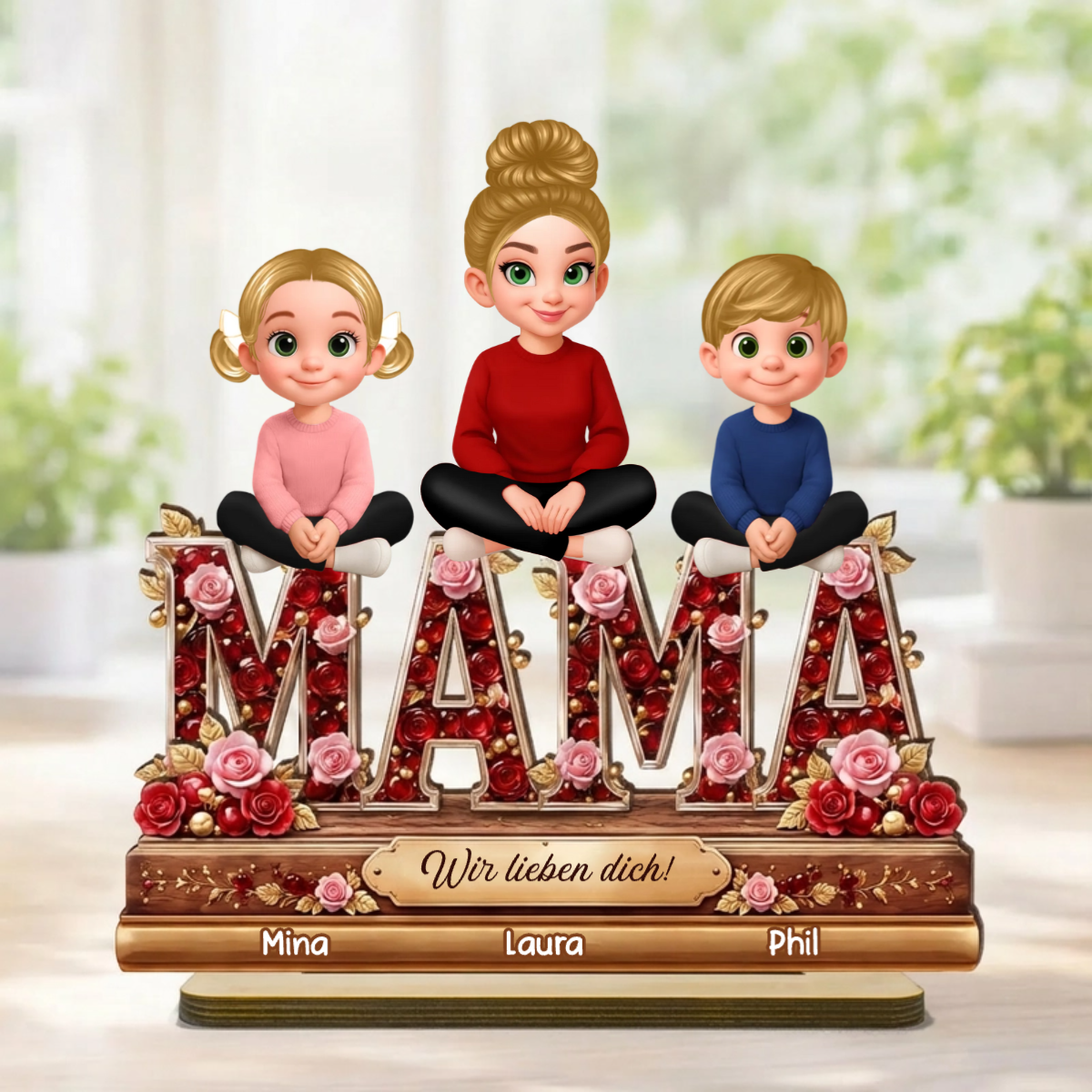 Personalisierter Holzaufsteller mit Mama und Kinder Geschenk für Oma und Mama