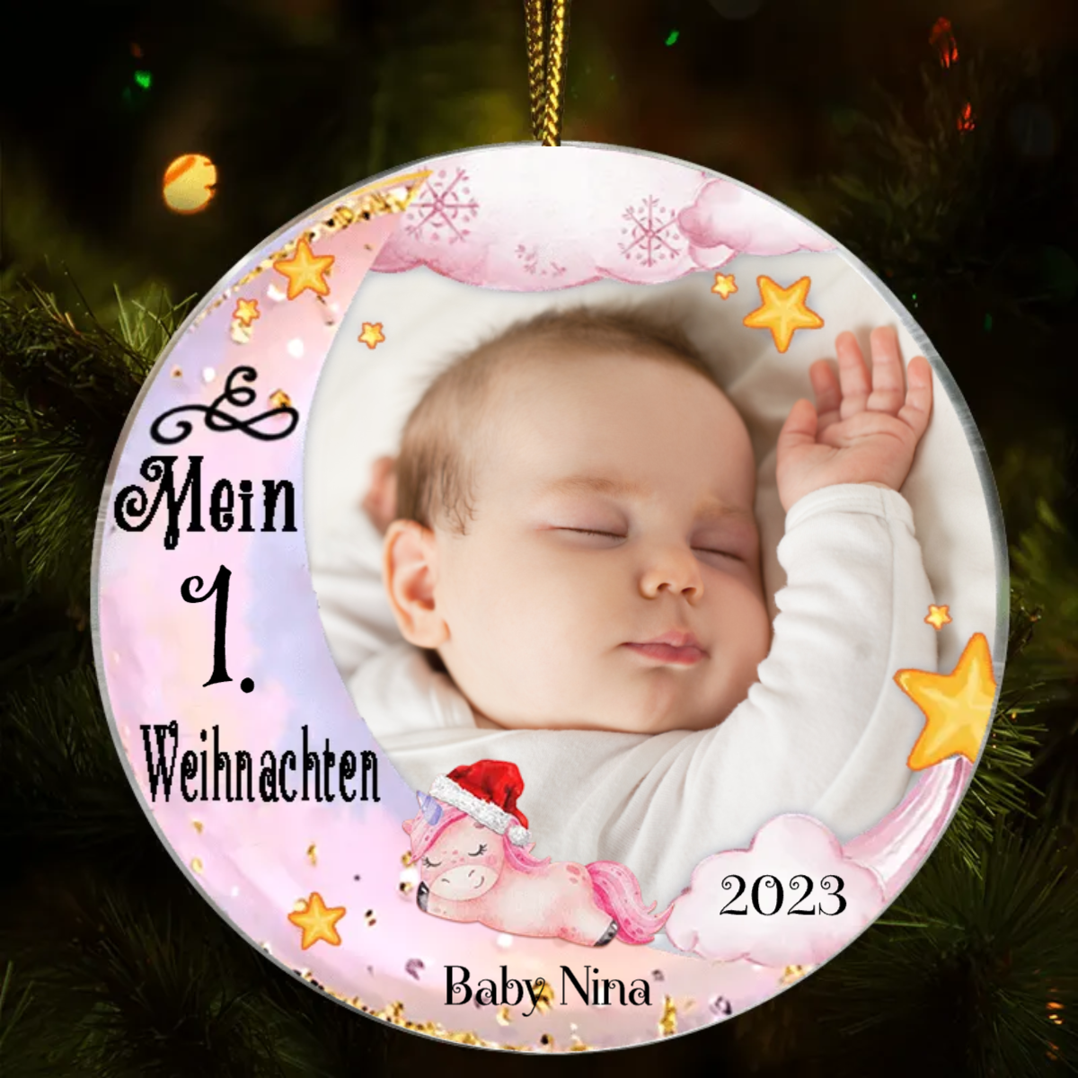 Schlafendes Baby Mondmotiv Weihnachtsschmuck mit Foto, Wunschname, Wunschnummer Acrylschmuck