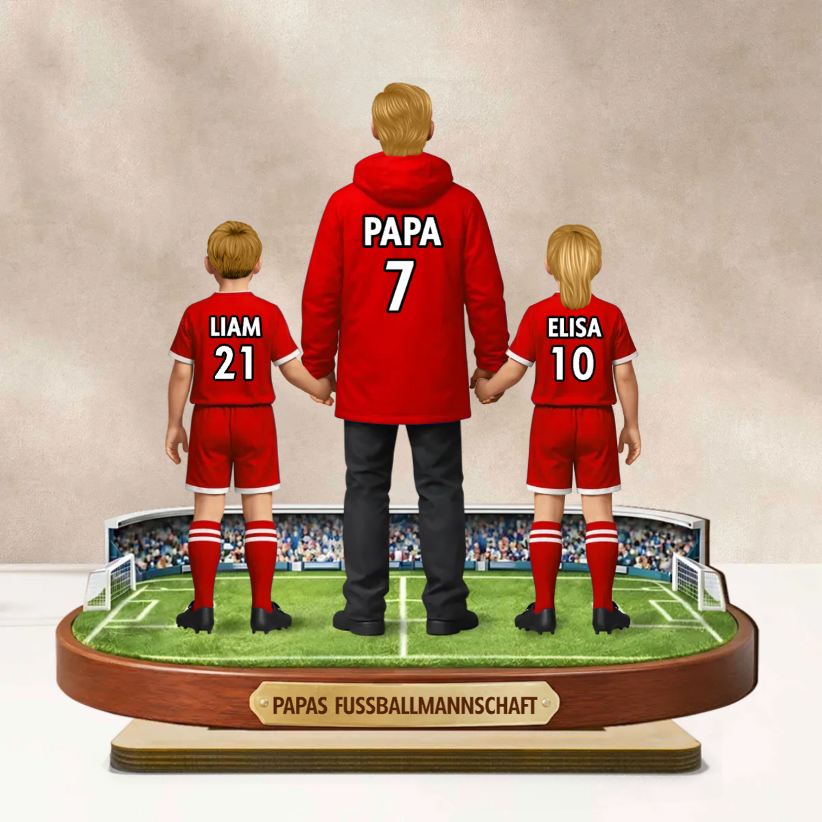 Fußballpapa und Kinder Personalisierter Holzaufsteller mit Trikots