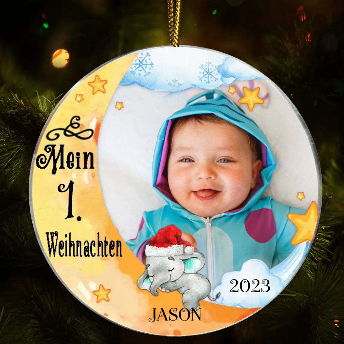 Schlafendes Baby Mondmotiv Weihnachtsschmuck mit Foto, Wunschname, Wunschnummer Acrylschmuck