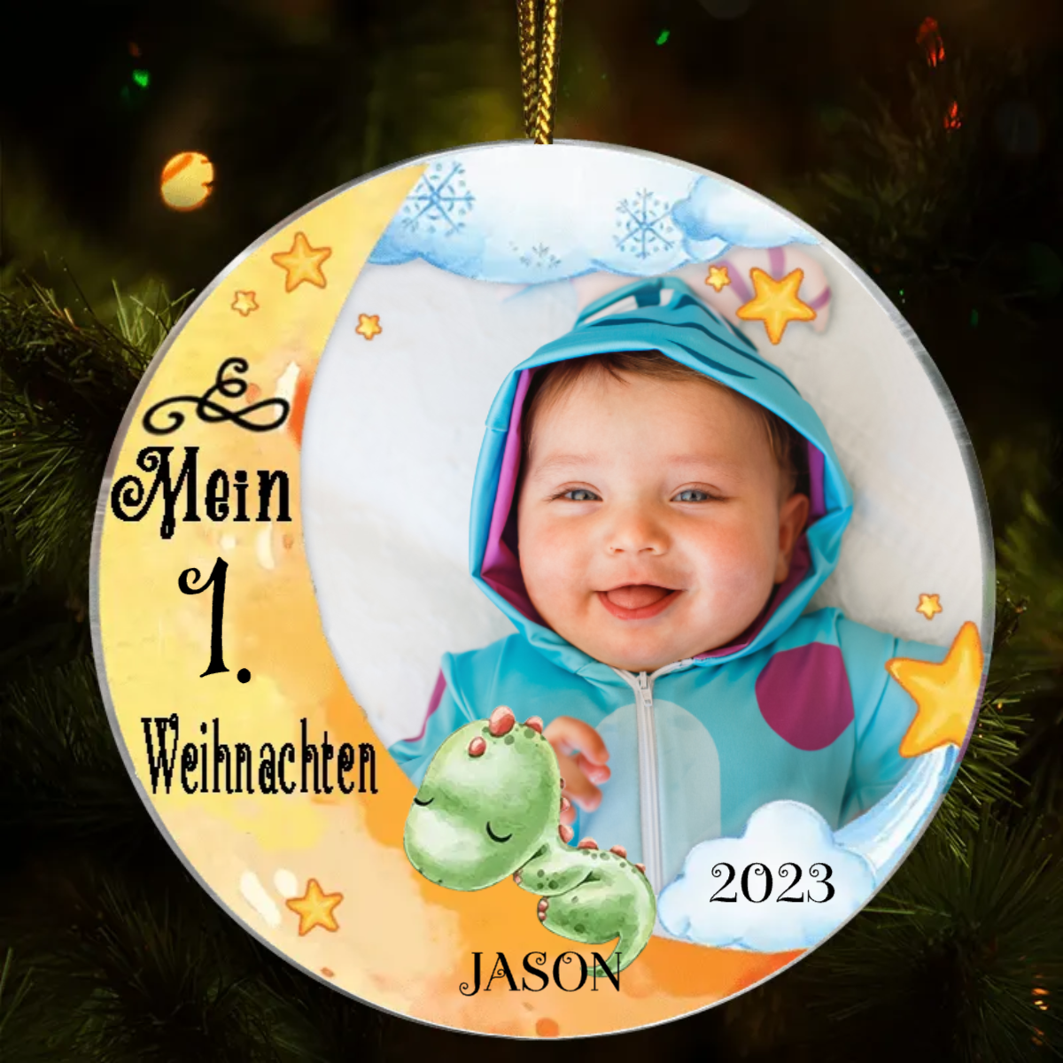 Schlafendes Baby Mondmotiv Weihnachtsschmuck mit Foto, Wunschname, Wunschnummer Acrylschmuck