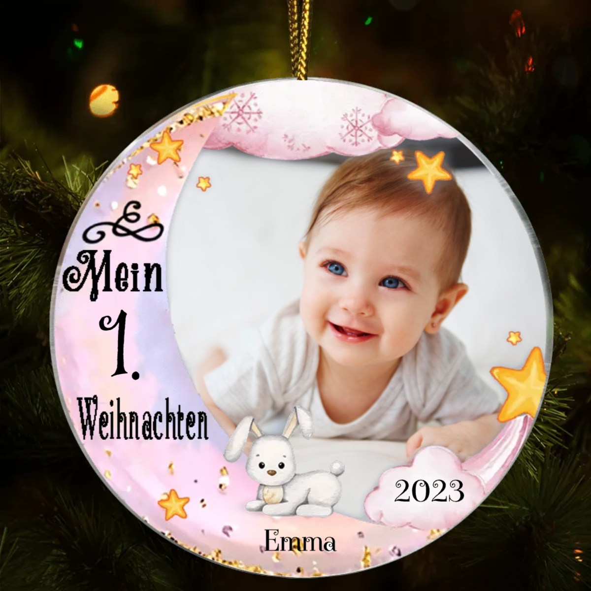 Schlafendes Baby Mondmotiv Weihnachtsschmuck mit Foto, Wunschname, Wunschnummer Acrylschmuck