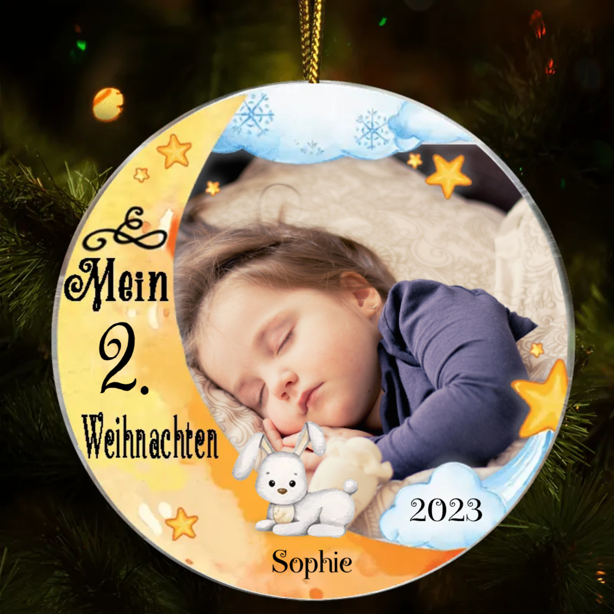 Schlafendes Baby Mondmotiv Weihnachtsschmuck mit Foto, Wunschname, Wunschnummer Acrylschmuck