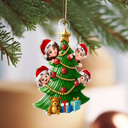 Personalisierter Acrylanhänger mit Eltern und Kinder Christbaumschmuck mit Tannenbaum