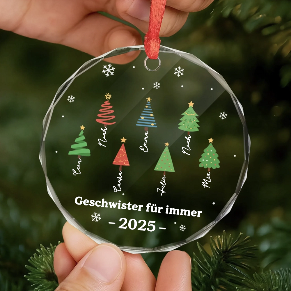 Glasornament mit Bäumen Personalisierter Christbaumschmuck mit Namen und Text für Familie