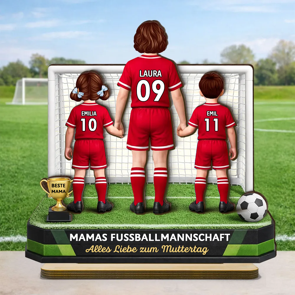 "Mamas fußballmannschaft" Personalisierter Holzaufsteller mit Frau und Kinder