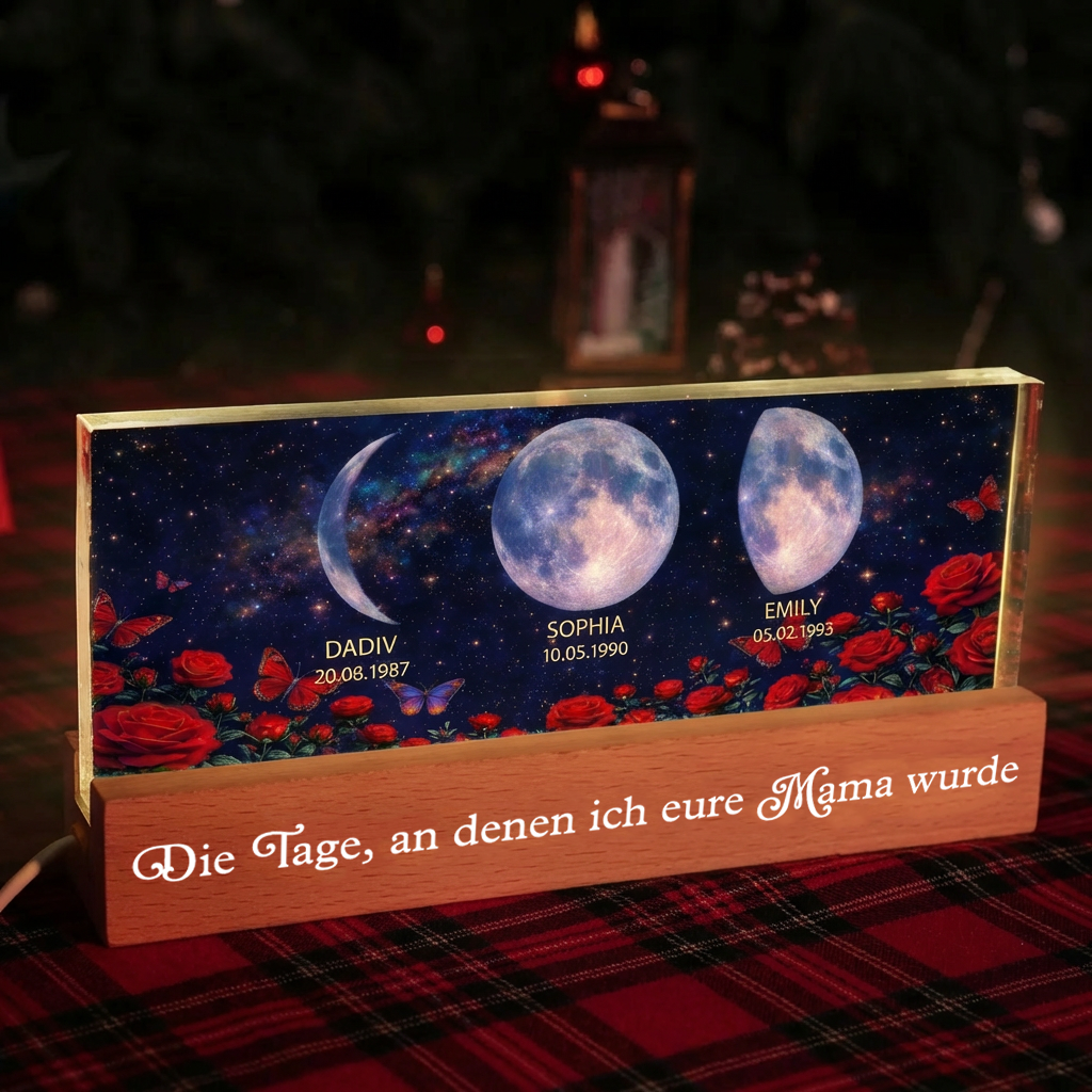 Rosen und Mondphasen- Personalisiertes LED Nachtlicht mit Text und Mondpahsen Geschenk für Mama und Oma