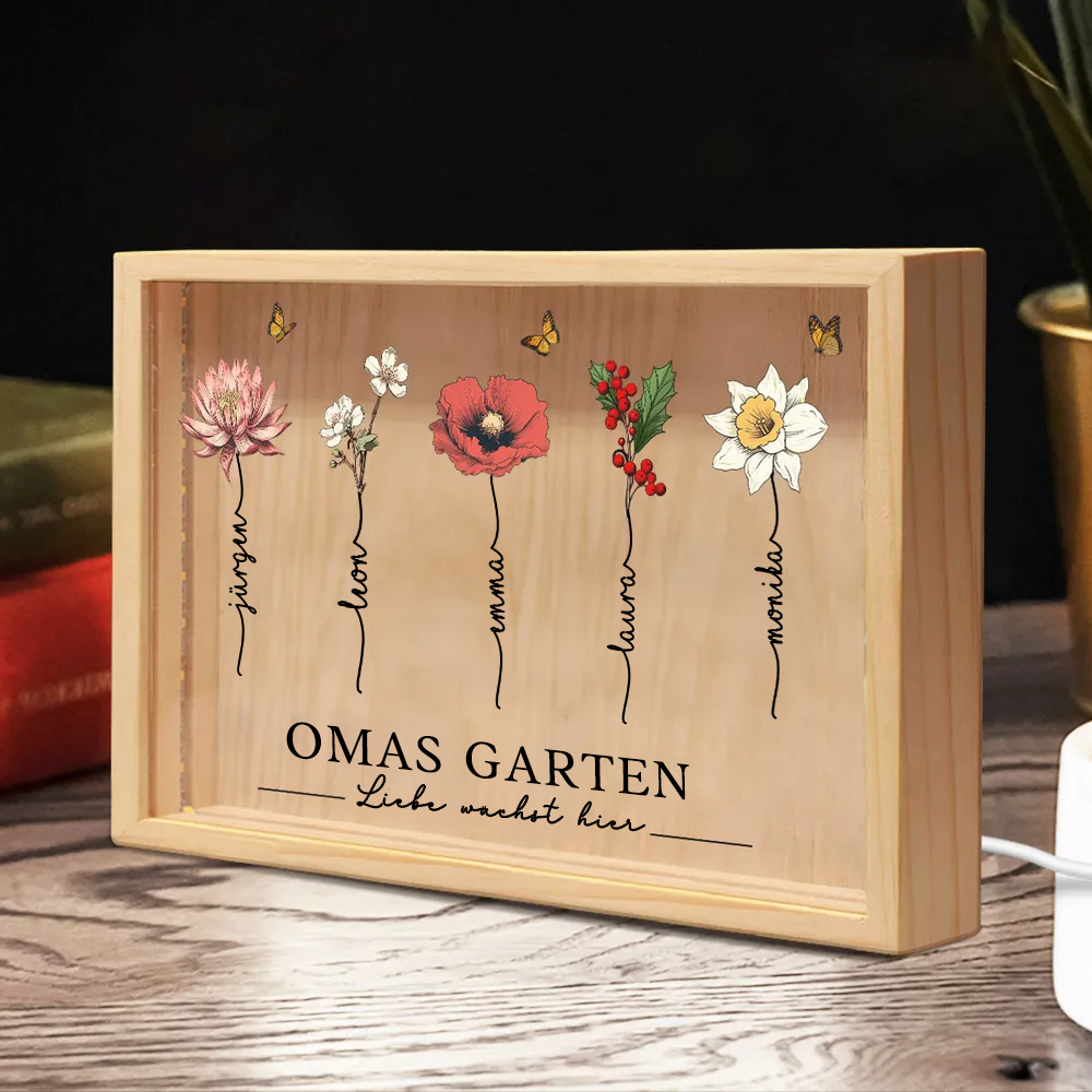 Omas Garten-Personalisierte Holzrahmen-Lichtbox mit Geburtsblumen und Text für Oma und Mama