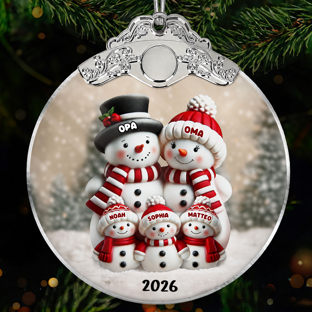 Personalisierter Glas-Weihnachtsanhänger – Schneemannfamilie