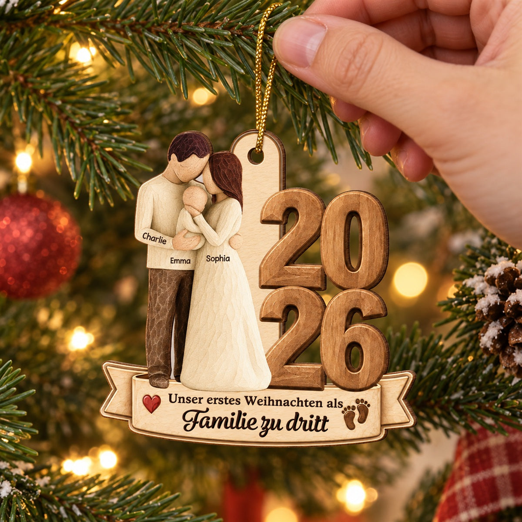 Personalisierter Holz-Weihnachtsanhänger mit Namen und Wunschjahr – Eltern mit Baby