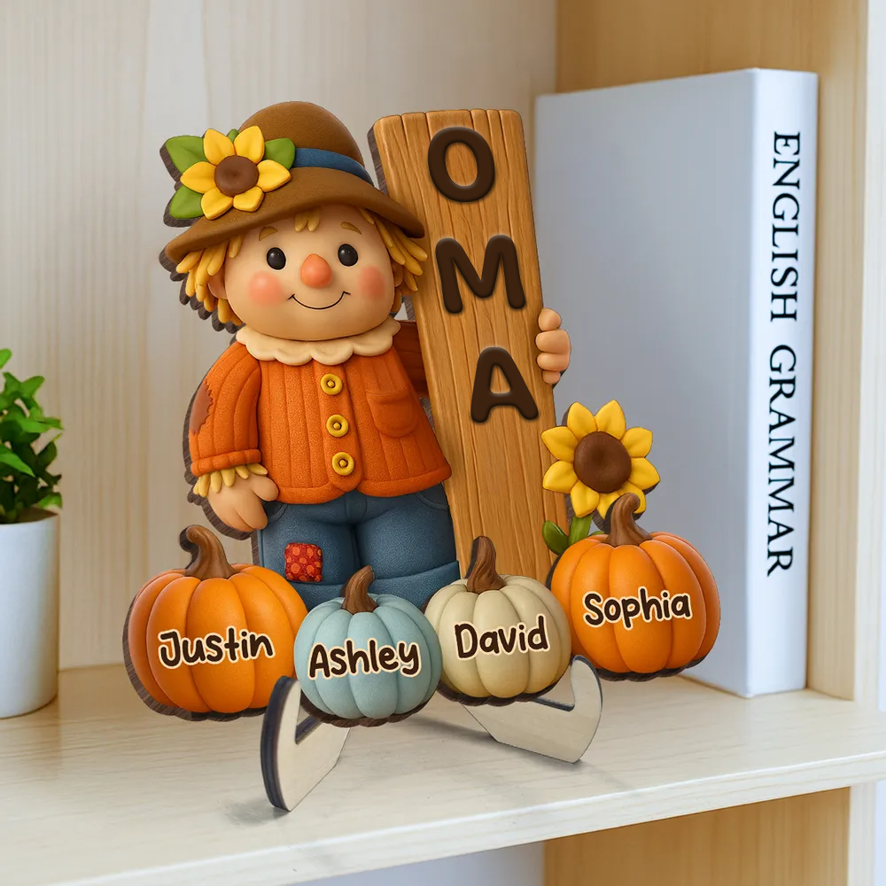 Niedliche Vogelscheuche und Kürbisse - Holztafel mit Namen - Geschenk für Oma