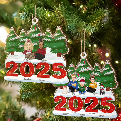 Personalisierter Holzanhänger Familie 2025 Christbaumschmuck mit Hund und Katze