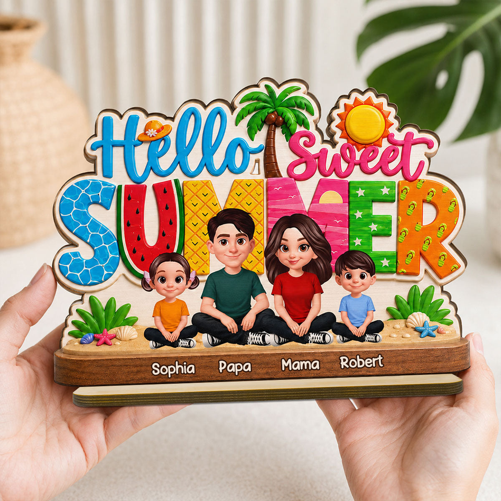 Hello Summer-Personalisierter Holzaufsteller mit Familien im Sommermotiv