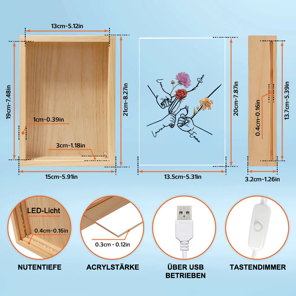 Händchen haltend – Personalisierter Leuchtrahmen mit Geburtsblumen und Namen Geschenk für Mama und Oma