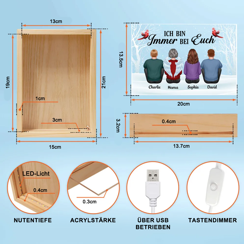 Immer bei dir - Personalisierte Holzrahmen-Lichtbox mit Familie Erinnerungsstück
