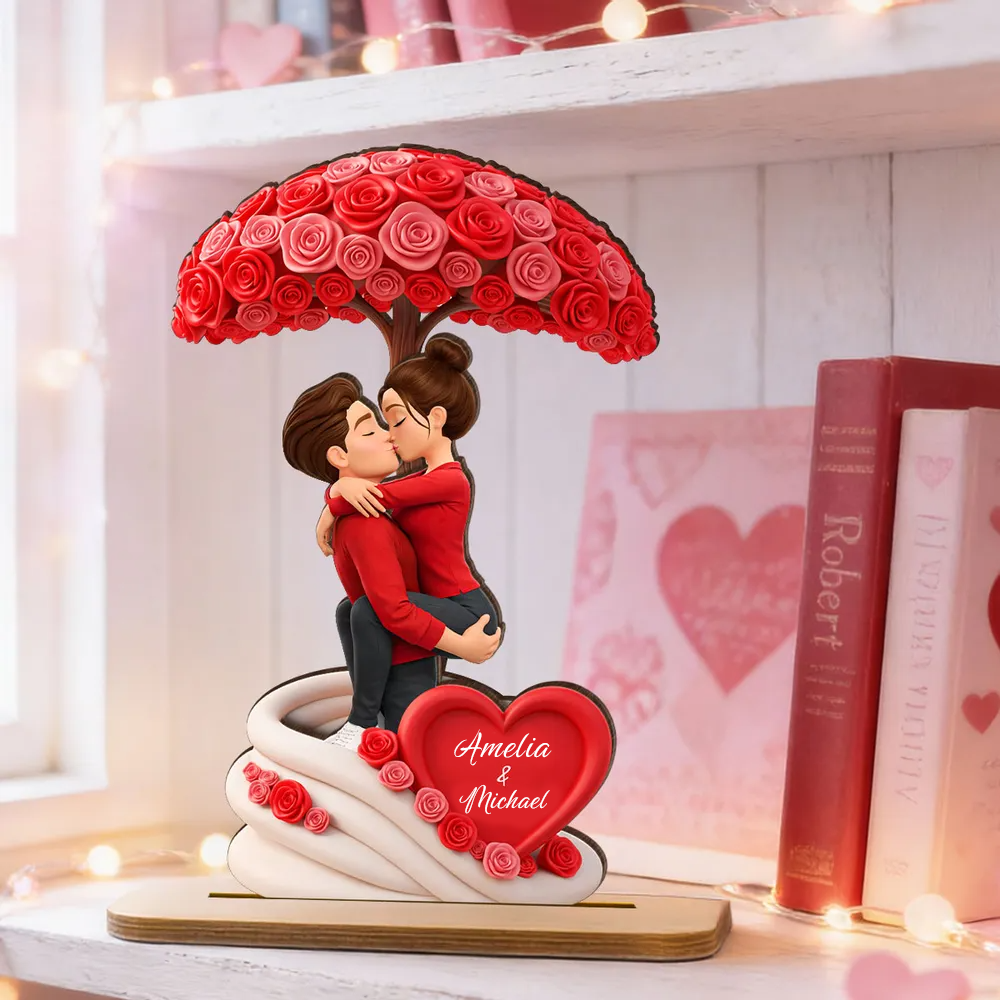 Paar und Rosen-Regenschirm Personalisierter Holzaufsteller mit Figuren und Namen