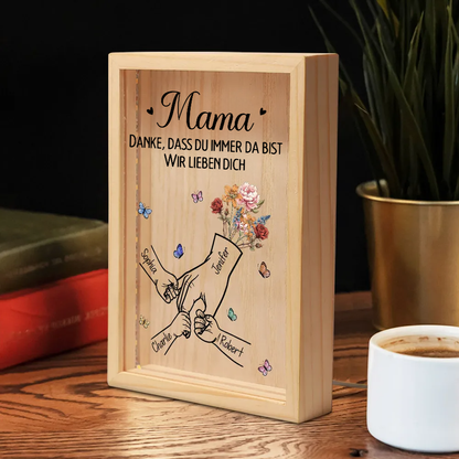 Personalisierte Holzrahmen-Lichtbox mit Hand-in-Hand und Geburtsblumen Geschenk für Mama und Papa