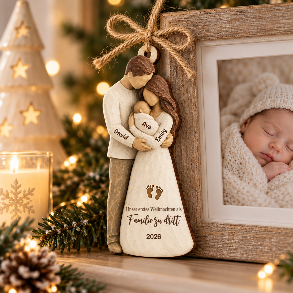 Personalisierter Holz-Weihnachtsanhänger mit Namen – Eltern mit Baby