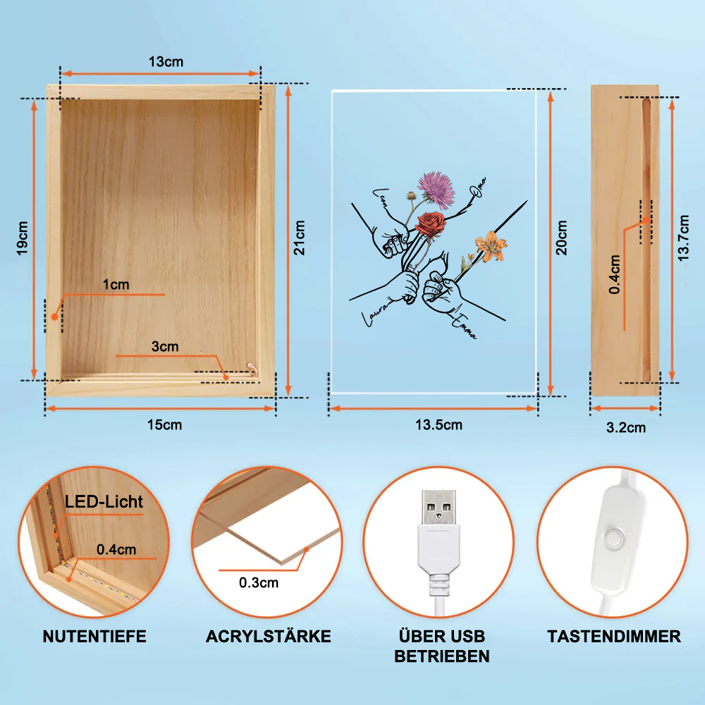 Händchen haltend – Personalisierter Leuchtrahmen mit Geburtsblumen und Namen Geschenk für Mama und Oma