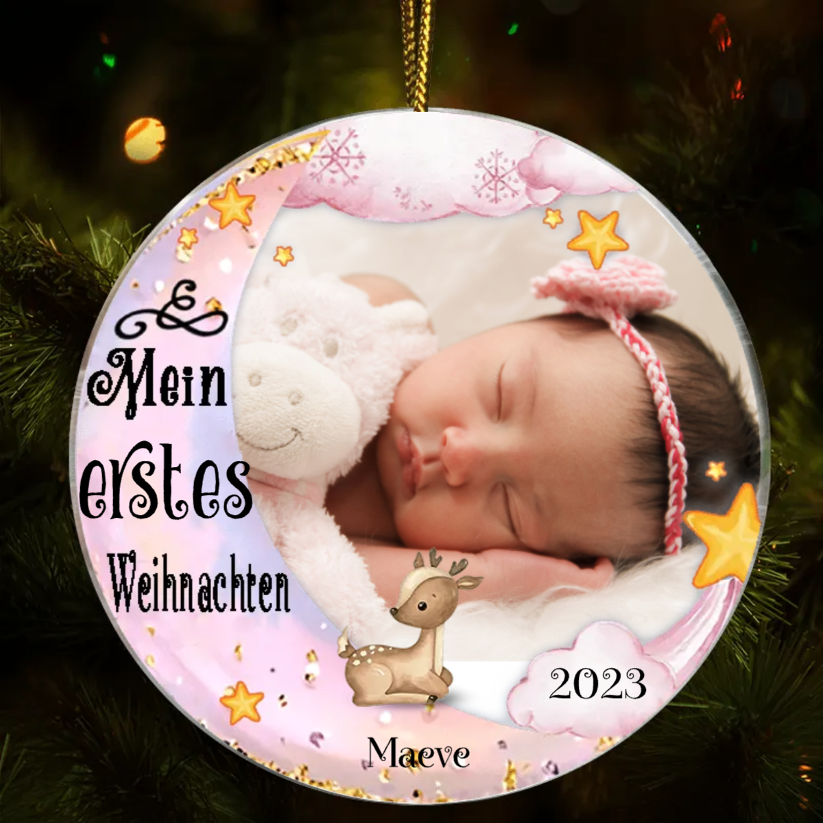 Schlafendes Baby Mondmotiv Weihnachtsschmuck mit Foto, Wunschname, Wunschnummer Acrylschmuck