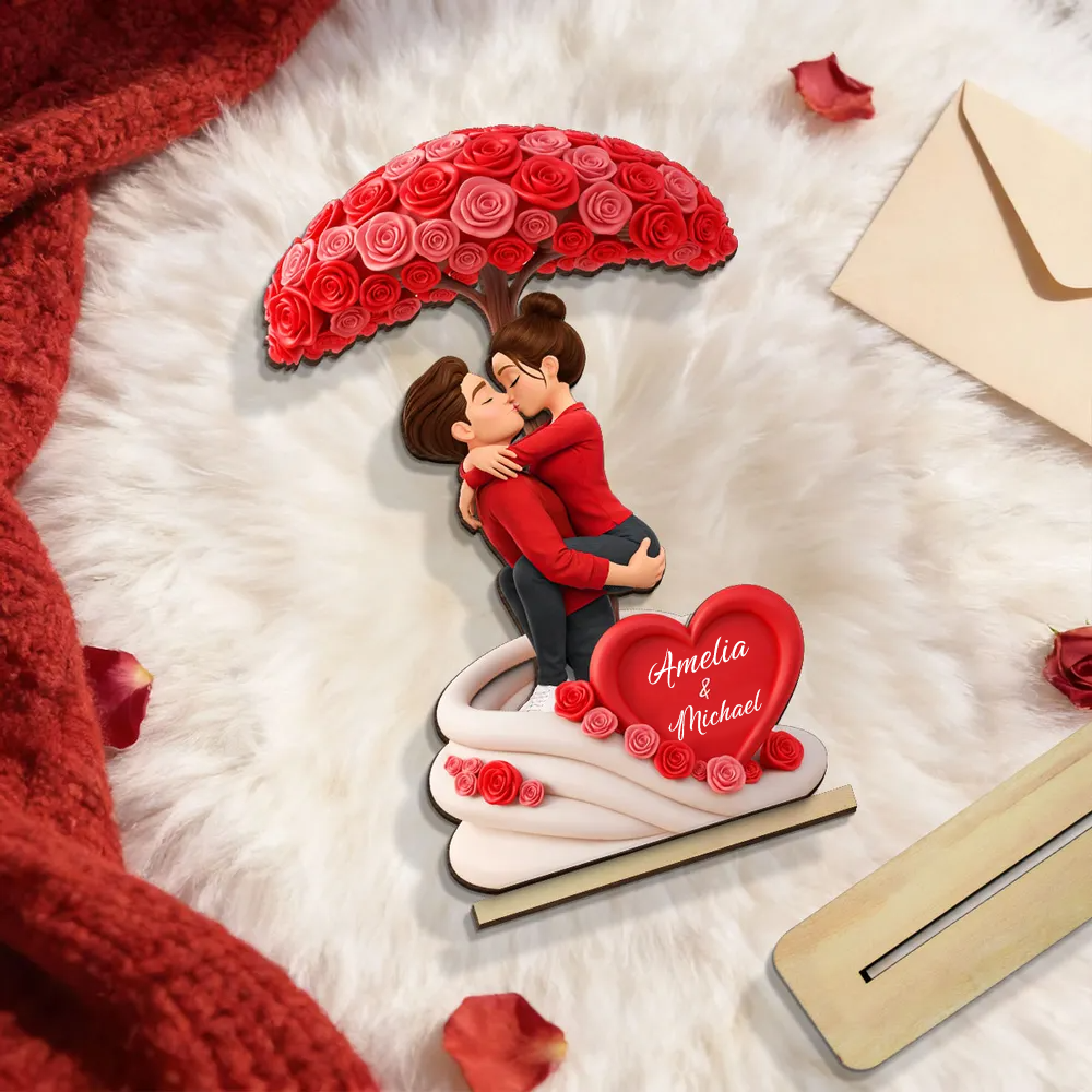 Paar und Rosen-Regenschirm Personalisierter Holzaufsteller mit Figuren und Namen