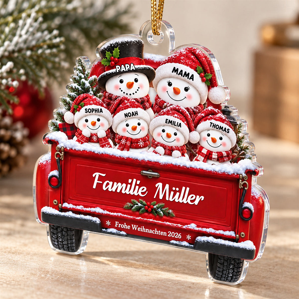 Personalisierter Acryl-Weihnachtsanhänger – Schneemannfamilie mit Namen