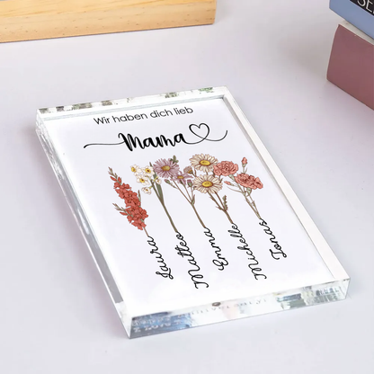 Personalisierter Acrylblock mit Geburtsblumen, Namen und Text Geschenk für Oma und Mama