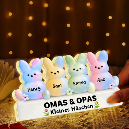 Bunte Osterhasen für Oma & Opa – Personalisierte LED-Lichtbox mit Enkel-Namen | Ostergeschenk für Großeltern