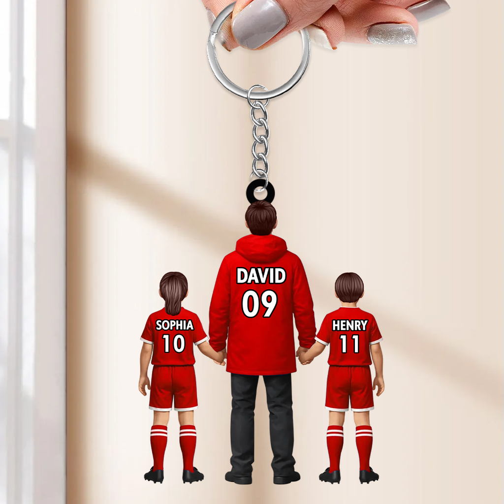 Papas Fußballteam- Personalisierter Acrylschlüsselanhänger mit Mann und Kinder