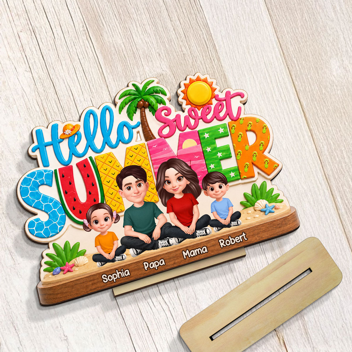 Hello Summer-Personalisierter Holzaufsteller mit Familien im Sommermotiv